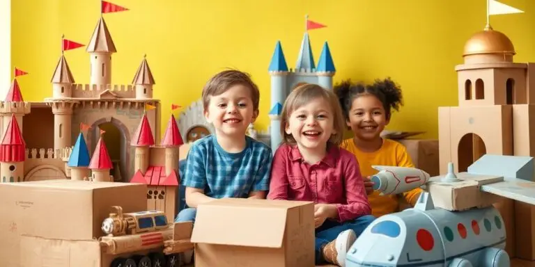 Children playing with creatively designed cardboard boxes.