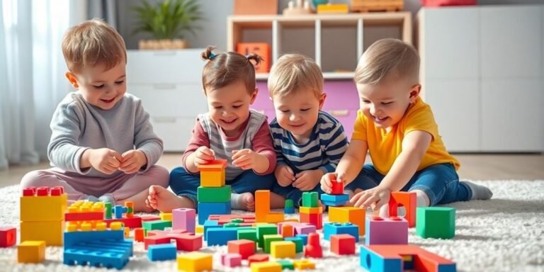 Toddlers playing with colorful educational toys and games.