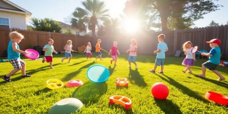Kids enjoying various games in a sunny backyard.