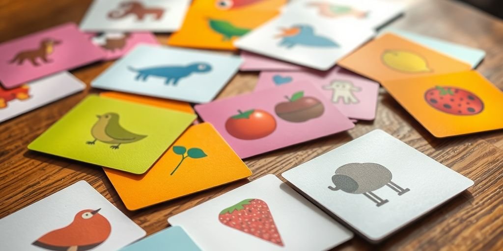 Colorful DIY picture cards on a wooden table.