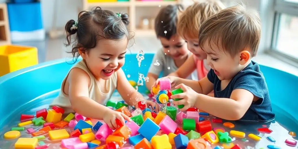 Toddlers playing with water and colorful toys indoors.