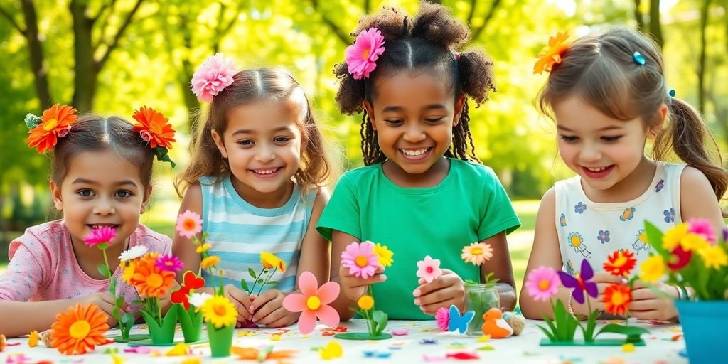 Children crafting colorful spring decorations with big smiles.