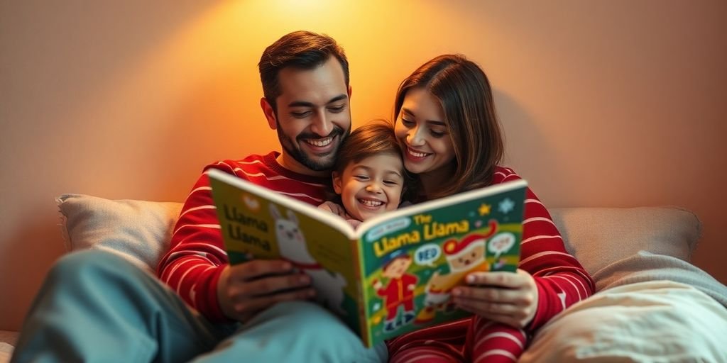 Parent and child reading Llama Llama Red Pajama together.