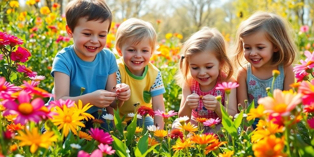 Children exploring a colorful spring garden with flowers.