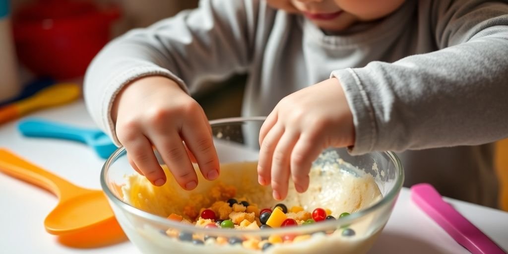 Toddler mixing ingredients in a bowl with utensils.