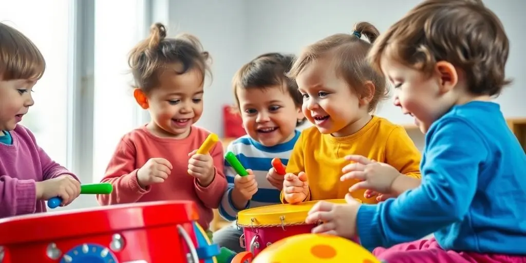 Toddlers playing with colorful musical instruments indoors.