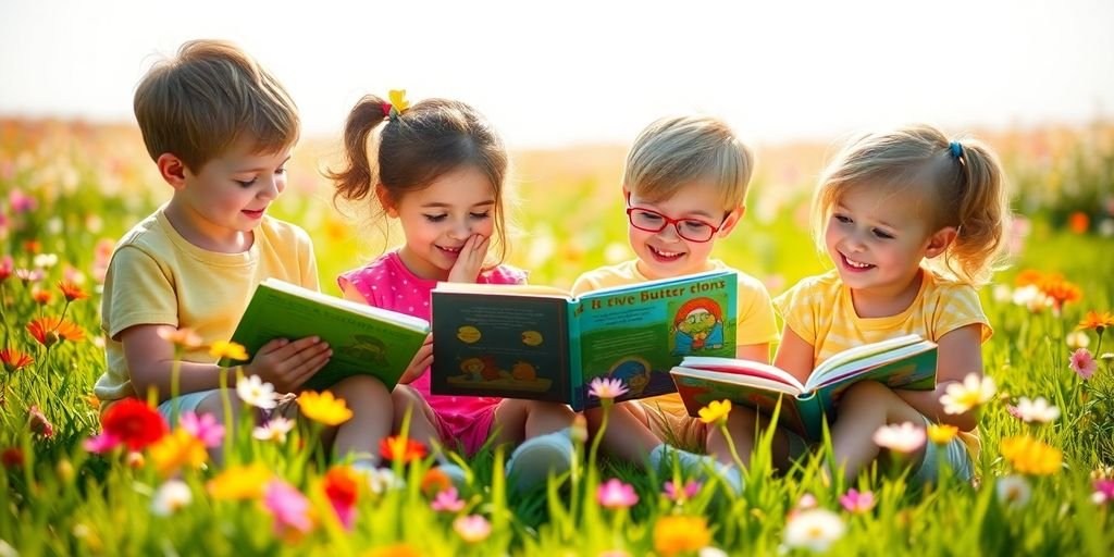 Children reading books in a sunny flower-filled field.