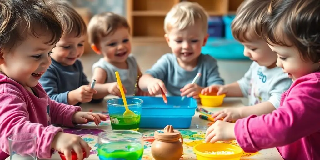 Toddlers exploring colorful paint and textured materials.