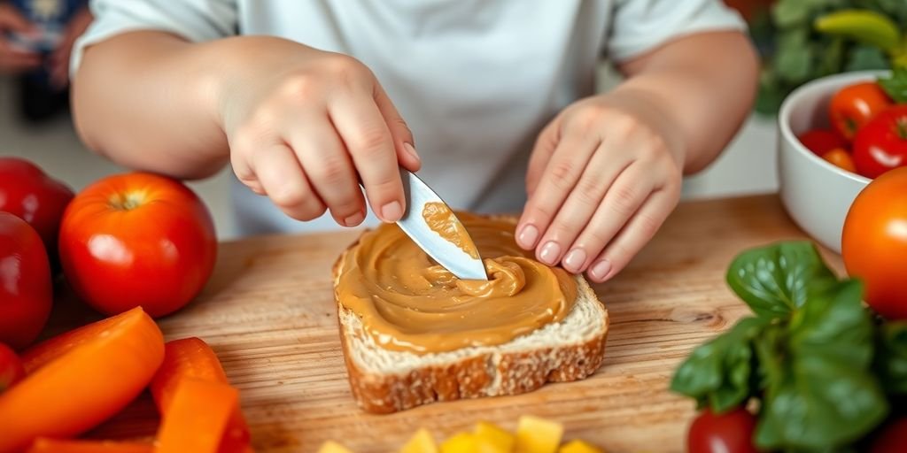 Toddler spreading peanut butter on bread with a knife.