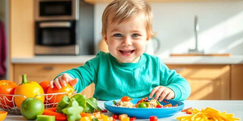 Toddler playing with colorful food items on a table.