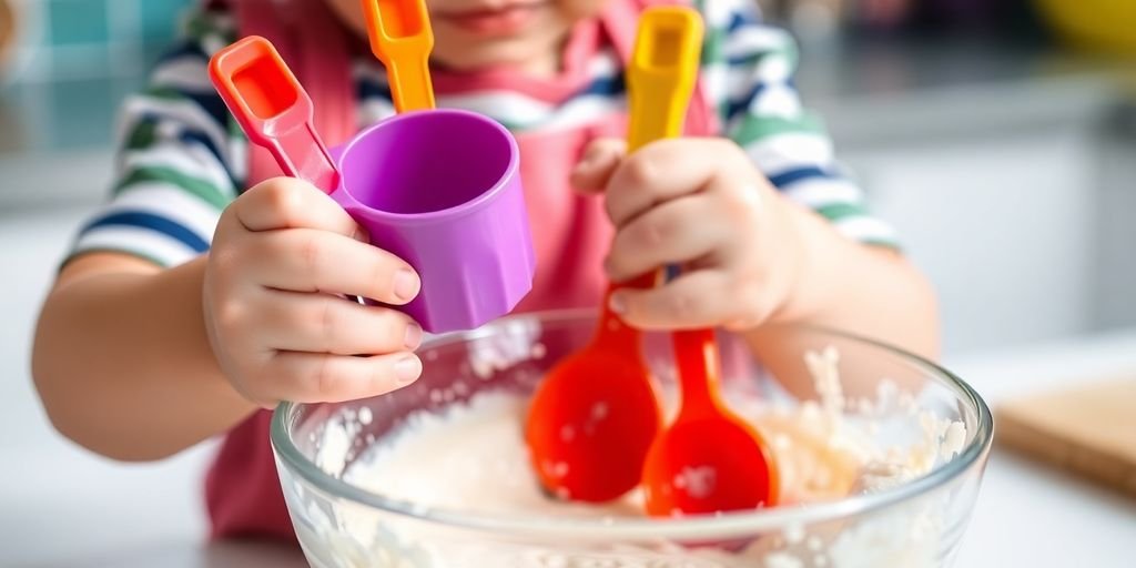 Toddler hands using kitchen tools to build fine motor skills.