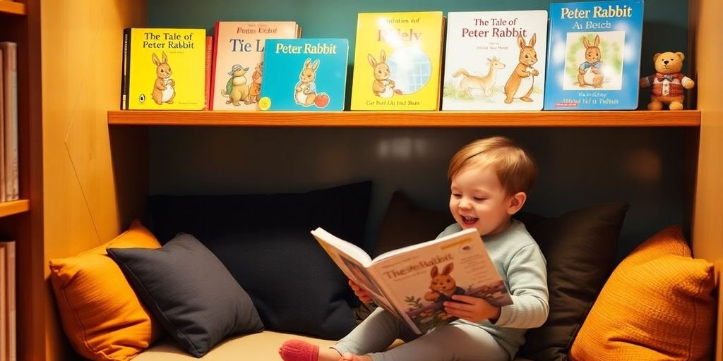 A toddler reading books in a cozy reading nook.