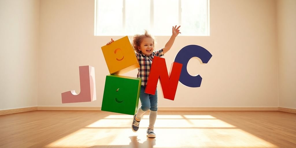 Child dances with letter blocks, ultra realistic, strong lighting.