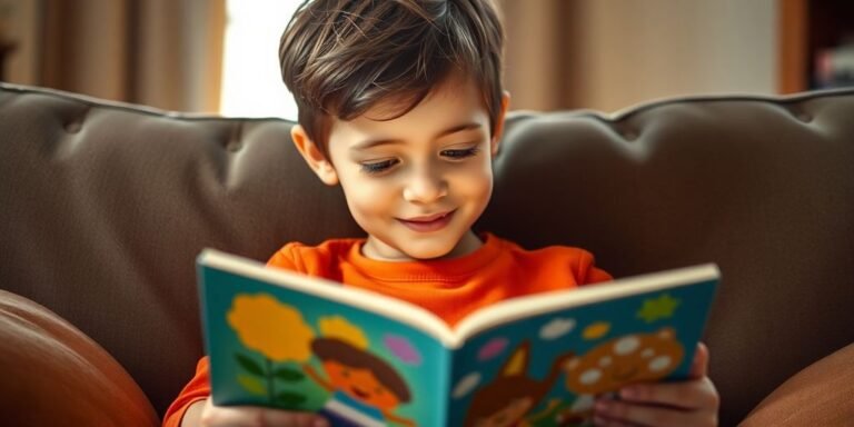 Child reading a book at home, happy