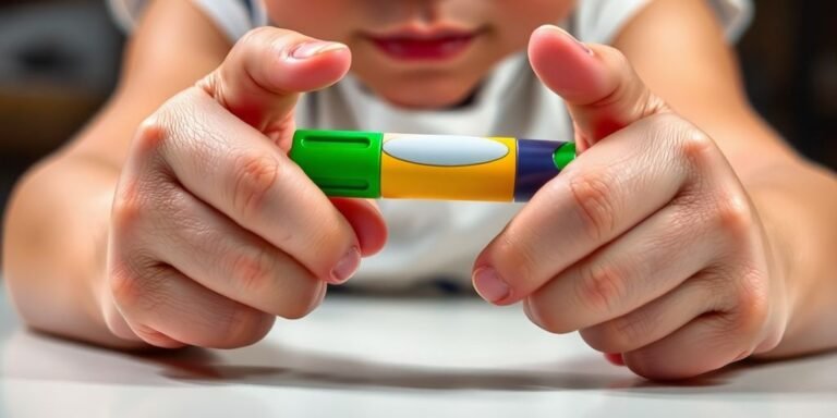 Child learning to write with bright, engaging tools.