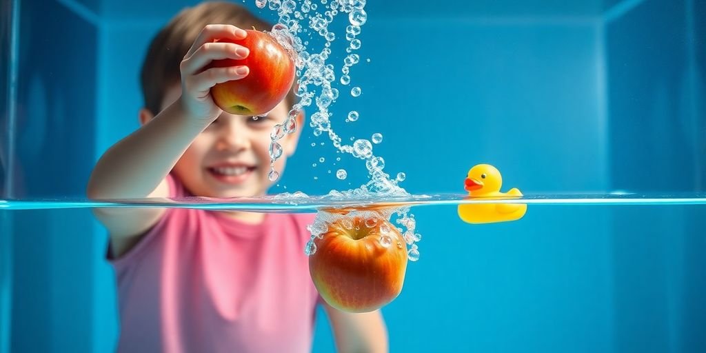 Child drops apple into water tank near floating rubber duck.