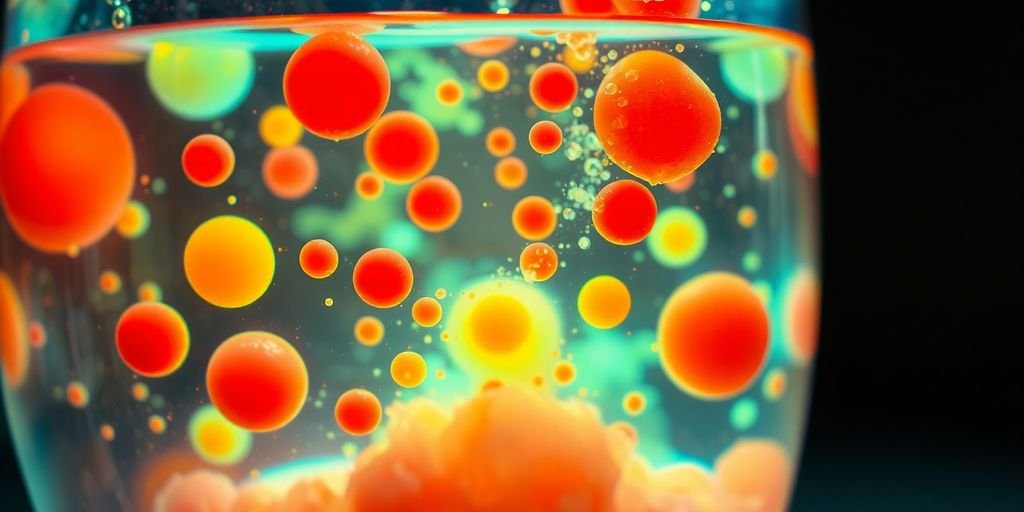 Homemade lava lamp featuring colorful wax blobs swirling in liquid.