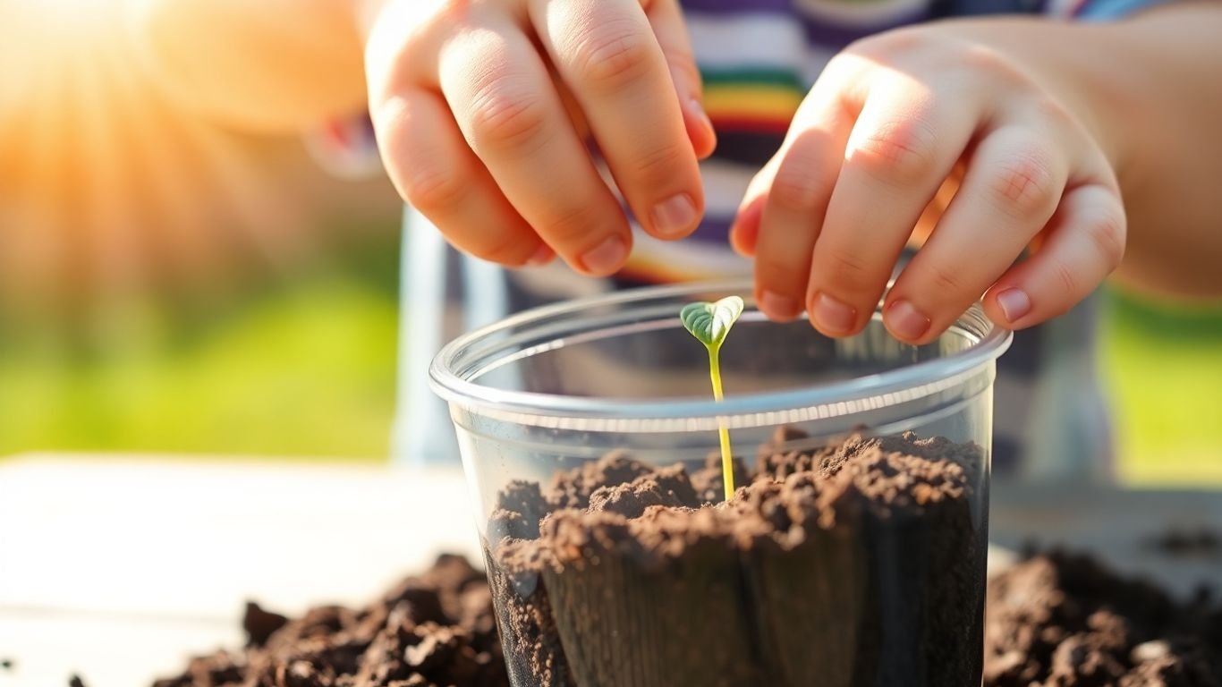 Preschooler planting a seed in soil with sunlight.