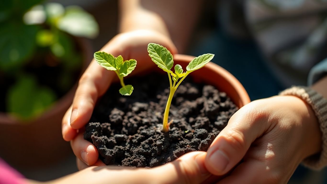 Child's hands holding a seedling with roots visible.
