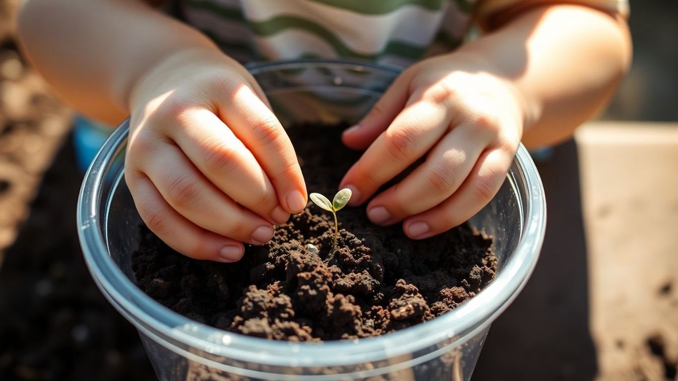 Preschooler planting a seed in soil.