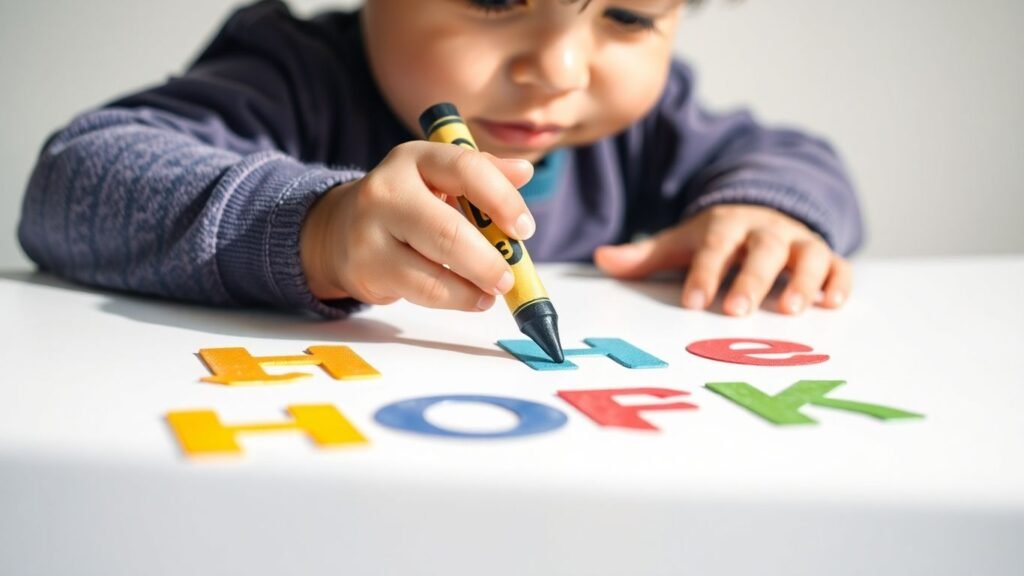 Toddler tracing colorful letters with a crayon.