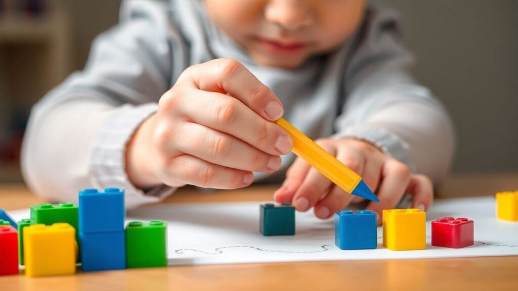 Child's hands practicing fine motor skills with blocks and crayons.