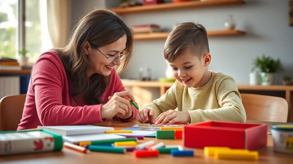 Parent and child doing preschool activities at home.