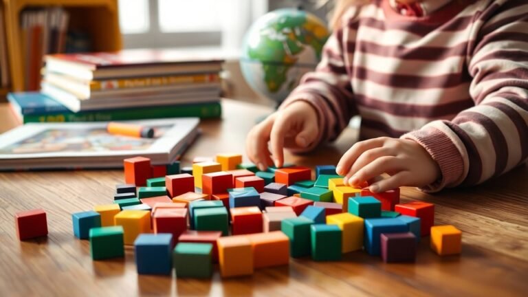 Child learning at home with blocks and books.