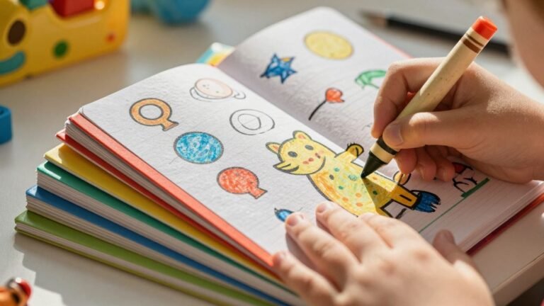 Preschool tracing books with crayons and child's hand.