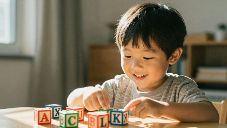 Child learning phonics with colorful blocks.