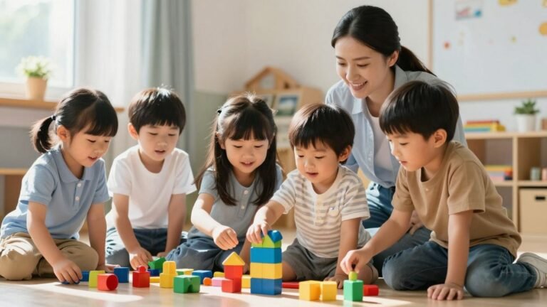Preschoolers learning with colorful blocks and toys.