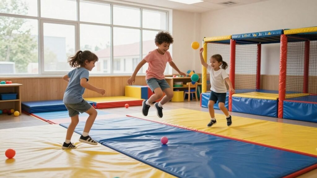 Children playing indoor gross motor games in classroom