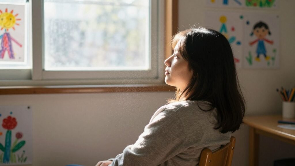 Kindergarten teacher taking a peaceful break in a sunlit classroom.