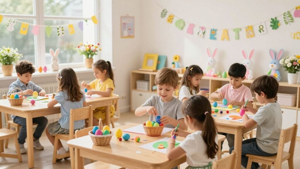 Kindergarten kids enjoy Easter crafts with eggs and bunnies