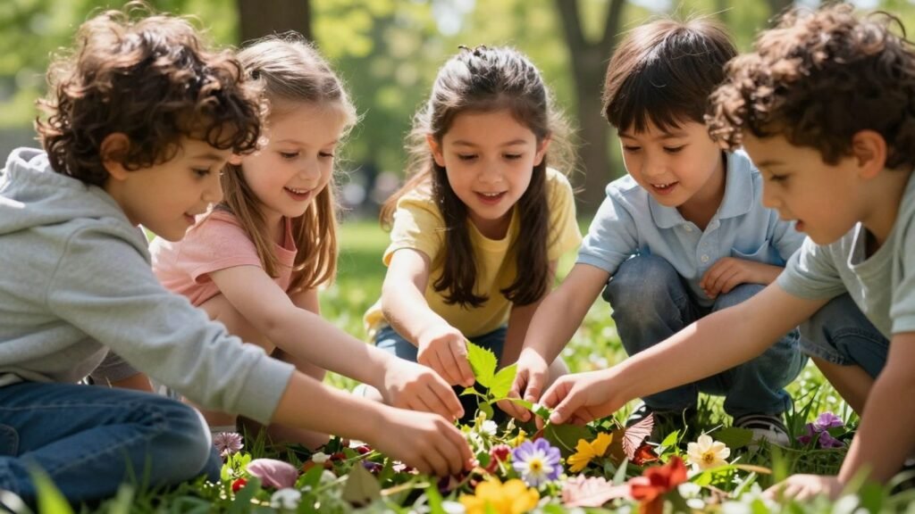 Children on a spring outdoor scavenger hunt in a park.