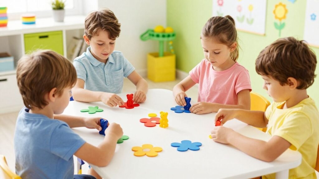 Children using spring-themed math manipulatives in a classroom