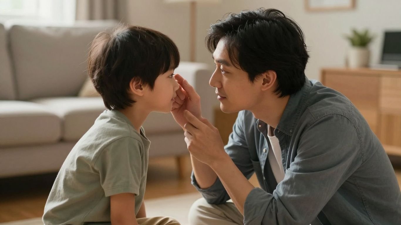 Parent calmly talking to a child without yelling.
