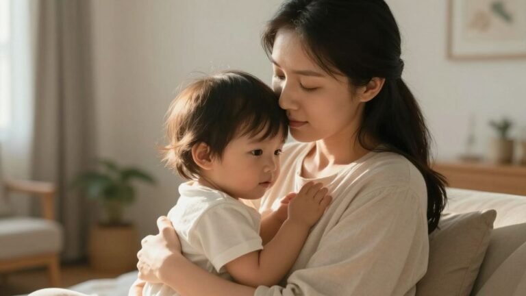 Parent and child embracing peacefully in sunlight.
