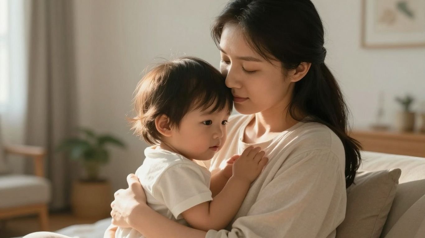 Parent and child embracing peacefully in sunlight.