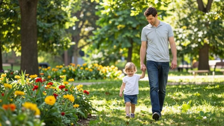 Parent and child walking hand-in-hand in a sunny park.