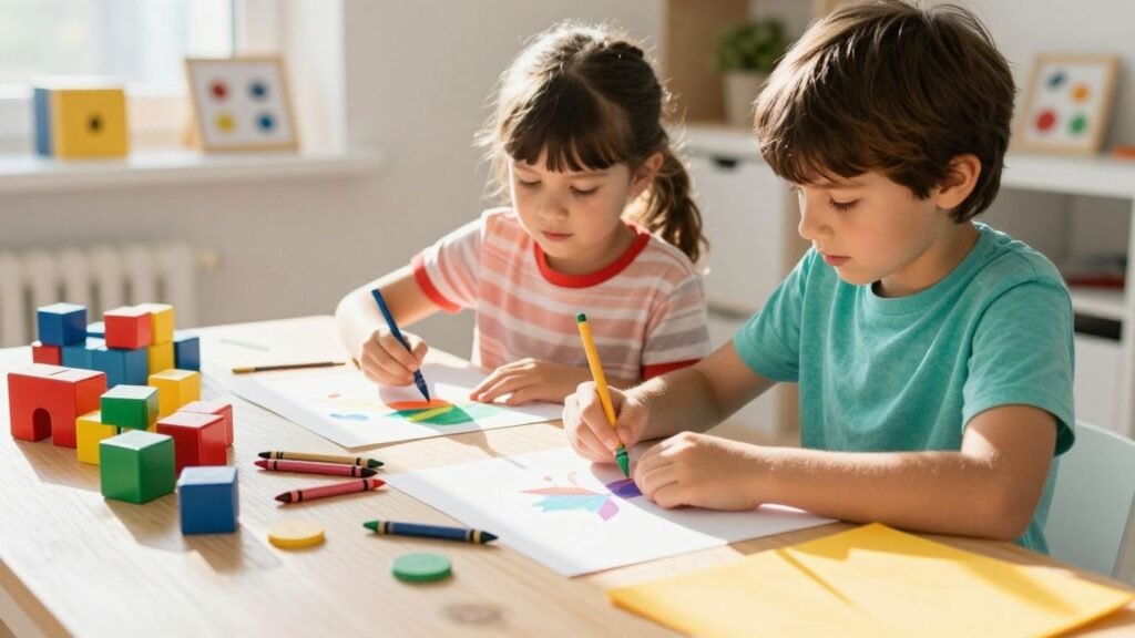 Children enjoying crafts and educational toys with bright lighting.