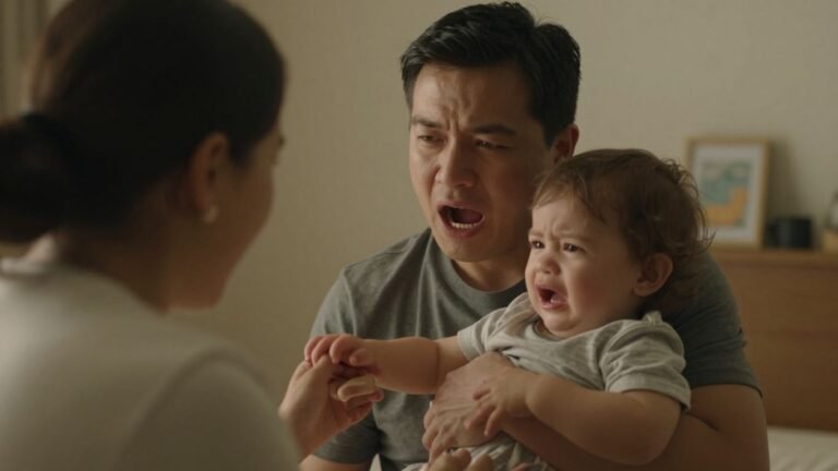 Parent comforting a toddler during a playful tantrum.