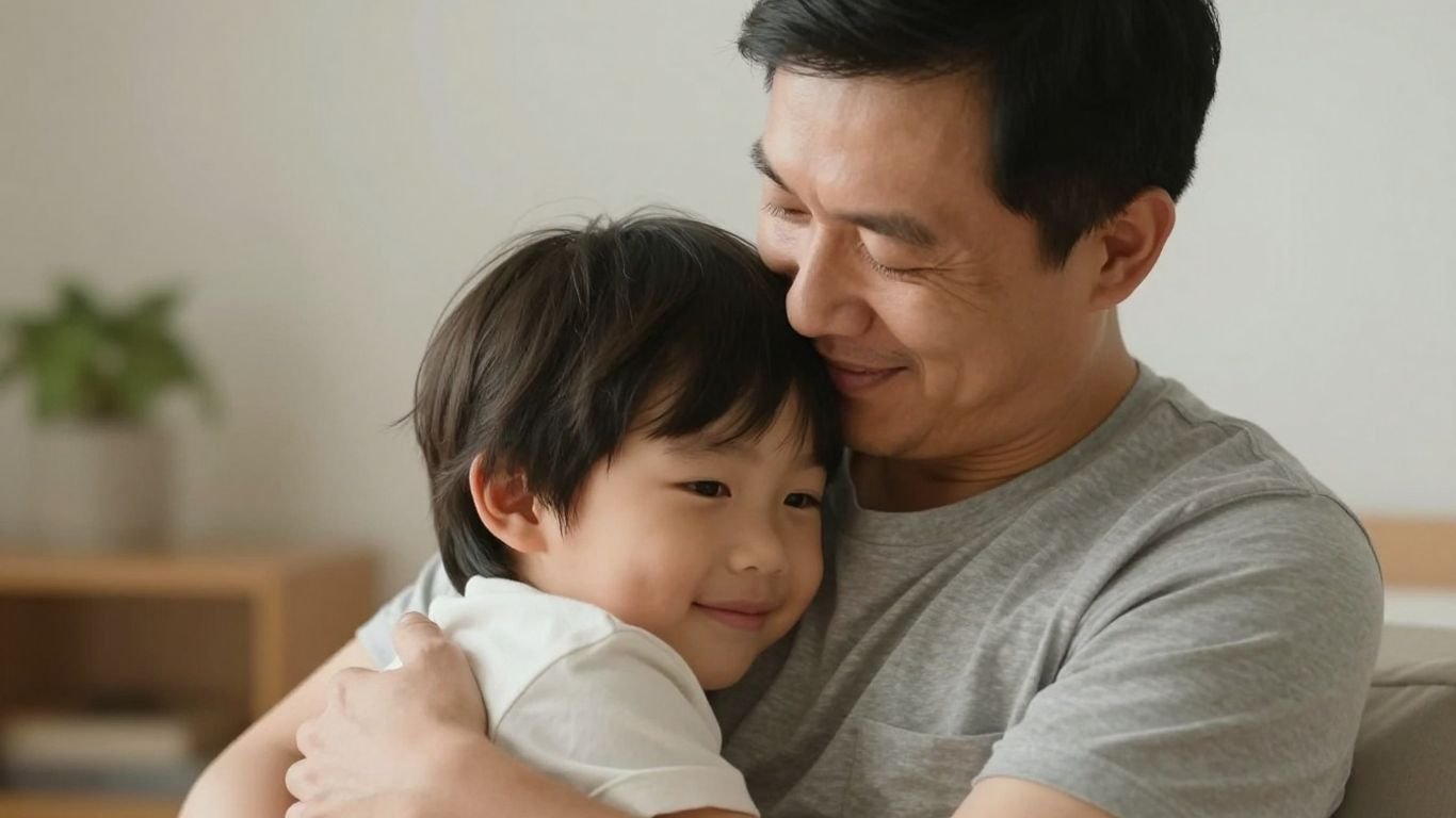 Parent and child in a balanced, nurturing embrace.