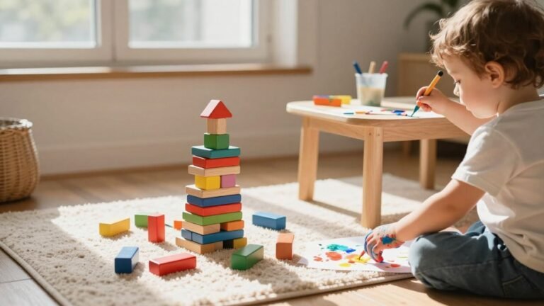 Toddlers engaged in creative, screen-free play with blocks and paint.