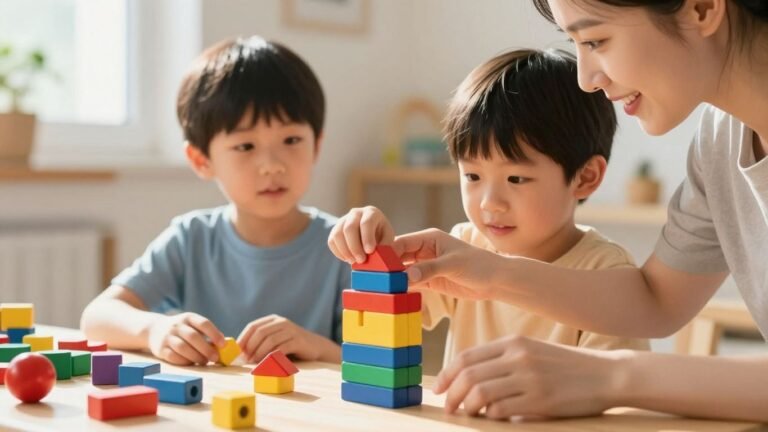 Parent and child building with colorful blocks.