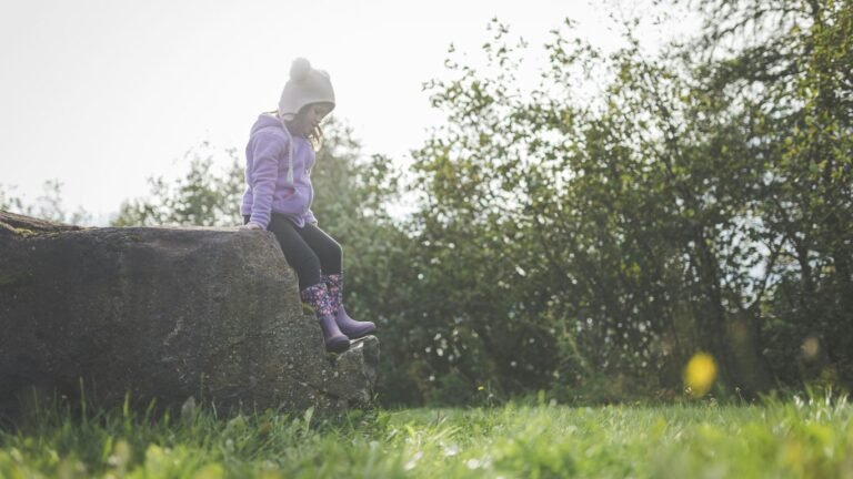 a little girl sitting on a rock in the grass
