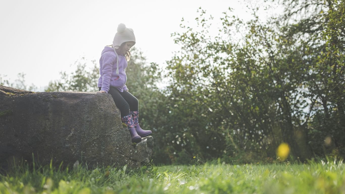 a little girl sitting on a rock in the grass